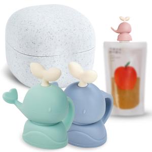 Whale SoftSip Food Pouch Topper | 2EA + Travel Case | Prevent Spills & Leakage | Protect Child Baby Toddler Mouth | Food Grade Silicone Reusable | Baby Led Weaning | BPA Free| Mint+Blue