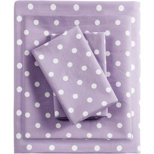 Mi Zone Purple Full Size Sheet Sets Kids Polka Dot Sheets for Girls 100% Cotton Percale Soft Sheet Set, Flat Sheet, Fitted Sheet, Pillowcase, Breathable All Season Bed Set, Fits up to 14" Mattress