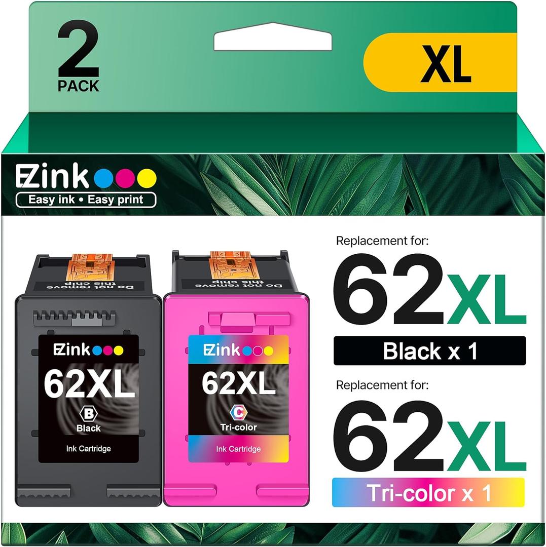 62XL Ink Remanufactured Ink Cartridges for HP 62 Ink 62XL Ink Cartridges Black and Color High Yield Use with HP Envy 5540 5640 5660 7644 OfficeJet 5740 5741 8040 200 250 Series Printer(2-Pack)