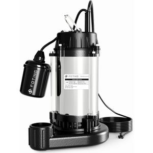 FOTING 1HP Submersible Sump Pump Cast Iron and Stainless Steel, 6000 GPH Sewage/Effluent Pump, 115V Automatic Tethered Float Switch, Septic Pumps for Basement, Septic Tank, Basin, Sewage System