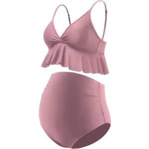 GINKANA Maternity Bikini Set Flounce Swimsuit Bathing Suit Top Swimwear Bottom Bathing Suits (Small, Dark Pink)
