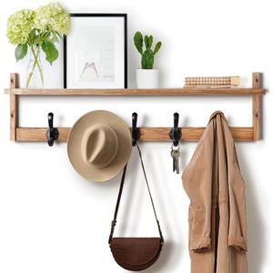 Tatub 29'' Coat Rack Wall Mount with Shelf, Wood Wall Hooks with Storage, Entryway Shelf with 5 Hangers for Bathroom, Living Room, Bedroom, Rustic Brown