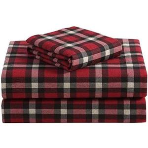 Highline Bedding Co. Flannel Sheet Set Twin Size- 100% Turkish Cotton, Double-Brushed, Ultra-Soft, Plush, Cozy 3-Piece Set (Dover Plaid, Red and Black)