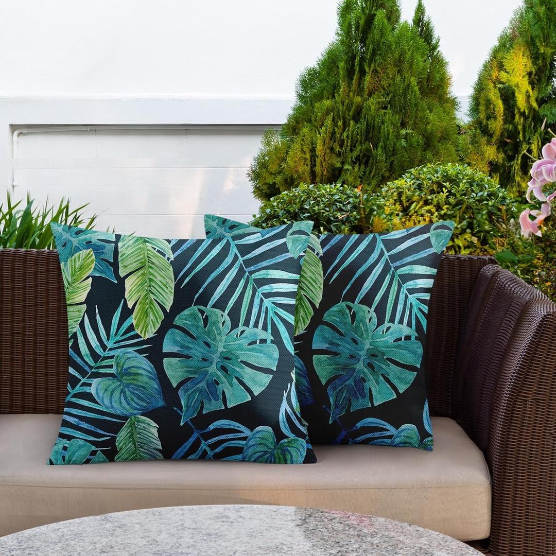 Greenery Tropical Plants Outdoor Waterproof Throw Pillow Covers 18 x 18 Inch Set of 2, Palm Leaf Pillowcase Square Cushion Case, Farmhouse Garden Decorative Pillows for Couch Beach Patio