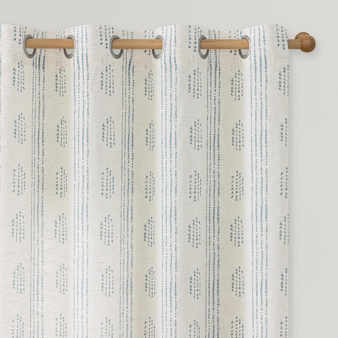 Boho Linen Curtains for Bedroom Living Room Blue Farmhouse Boho Curtains 63 Inch Length Geometric Striped Patterned Mudcloth Grommet Top Light Filtering Window Drapes 2 Panels Blue on Beige