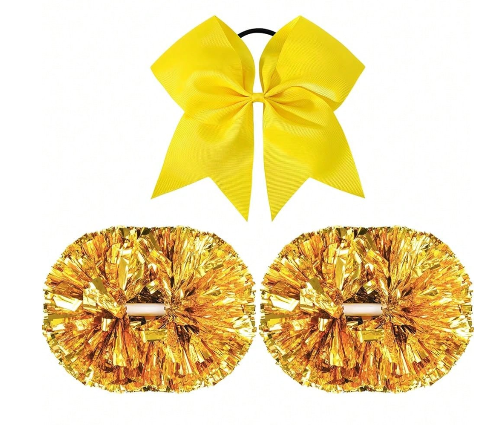 Oaoleer 3pcs Cheerleading Pom Poms with Baton Handle Cheer Bows for Team Spirit Sports Dance Cheering Kids Adults (Gold)