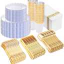 LIYH 350 Pcs Clear and Gold Plastic Disposable Dinnerware Set - Plastic Gold Scalloped Plates Include Disposable Dinner & Dessert Plates Silverware, Cups Napkins for Birthday Bridal Wedding