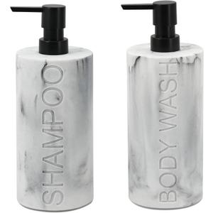 Marble Resin 2 Piece Shampoo and Body Wash Dispenser Set, Luxurious Refillable Pump Bottles with Matte Pump Top and Embossed Text, Durable Design for Bathroom and Shower