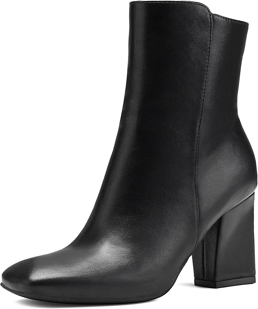 mysoft Women's Ankle Boots Square Toe Side Zipper GoGo Boots Chunky Block Heel Mid Calf Low Heeled Short Booties (9.5, Black Pu)