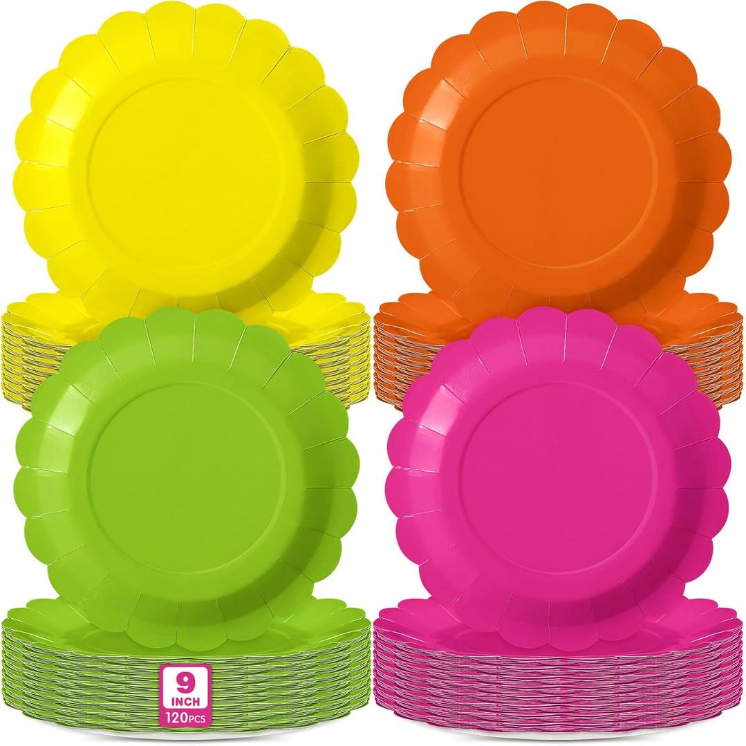 120 Pcs Neon Paper Plates 9 Inch Neon Scalloped Disposable Round Dessert Colorful Party Decoration for Glow Party (hot pink, yellow, green, orange)