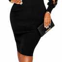 ENOPINK Women's Elegant Mock Neck Ribbed Knit Midi Dress Long Sleeve 3D Floral Mesh Cocktail Church Bodycon Dresses (Black, L)