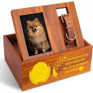 Pet Urns for Dog Cat Ashes, Wooden Dog Urn with Photo Frame, Cremation Urn Keepsake Memory Box with Small Collar Holder, Loss Pet Memorial Remembrance Gift, Vintage Color