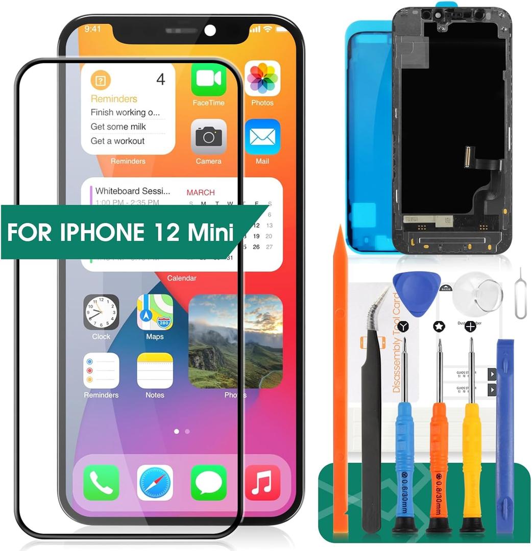 for iPhone 12 Mini Screen Replacement 5.4 Inch, 3D Touch LCD Screen Digitizer Front Display Assembly with Waterproof Adhesive+Tempered Glass+Repair Tools