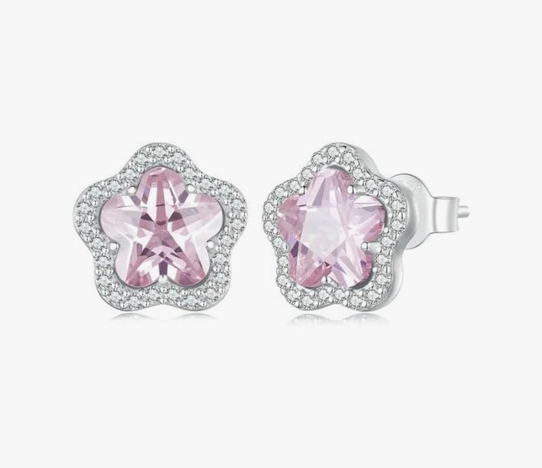 925 Sterling Silver Small Flower Necklace Opening Ring Earrings Set Flower Transparent Glass For Women Jewelry SSS-0424-WO-48