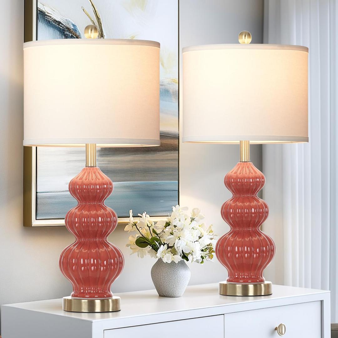 26" Triple Gourd Ceramic Table Lamps Set of 2,Modern Orange Bedside Lamps USB A+C Ports & AC Outlet Ceramic Nightstand Lamps for Bedroom, 3 Way Touch Control Contemporary Living Room End Tables