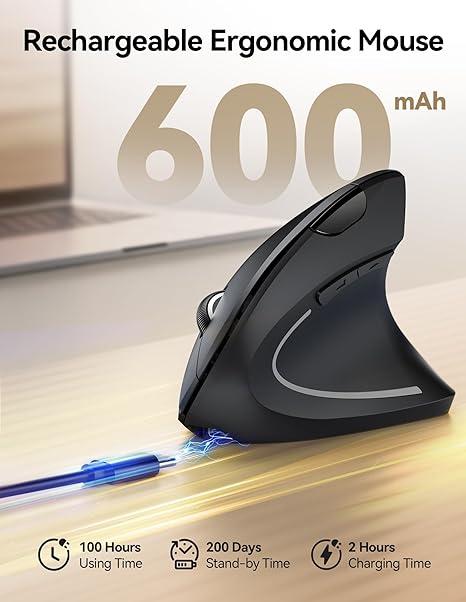 TECKNET Rechargeable Wireless Ergonomic Mouse,2.4GHz USB Vertical Mouse with Silent Click,4800 DPI Mouse with 6 Adjustable DPI,6Button Computer Mouse for Laptop,PC, MacBook (No Batteries Needed)