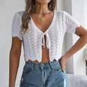 Crochet Shrug Sweater Short Sleeve Tie Front Cropped Cardigan Lightweight Summer Cover Shawl Tops