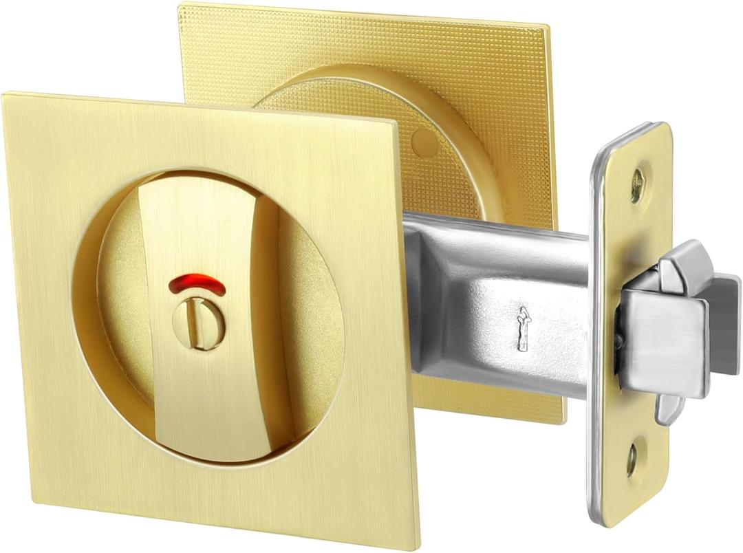 Malimali Pocket Door Lock, Brushed Gold Pocket Door Hardware Square Door Lock with Red-Green Indicators for Privacy Sliding Door Bifold Door Locks and Pulls Handles