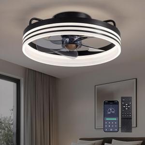 Ceiling Fans with Lights and Remote, Low Profile Ceiling Fan with Stepless Dimming Lighting, 6 Wind Speeds, 15.7 Inch Flush Mount Ceiling Fan for Bedroom (Black01)