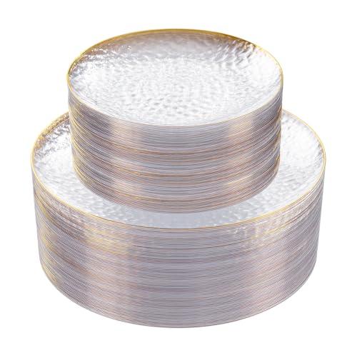 Rubtlamp 60Pcs Clear Plastic Plates,Clear Disposable Plates With Gold Rim,Heavy-duty Gold Plates,Hammered Party Plates Include 30Clear Dessert-Platos,30Dinner-Platos for Wedding, Party