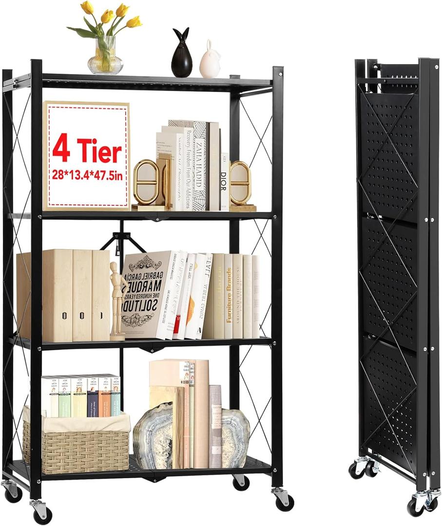 YixangDD 4-Tier Foldable Storage Shelf with WheelsNo Assembly Metal Collapsible Kitchen Folding Shelf or Books Storage Home Kitchen Office Basement Pantry - Black