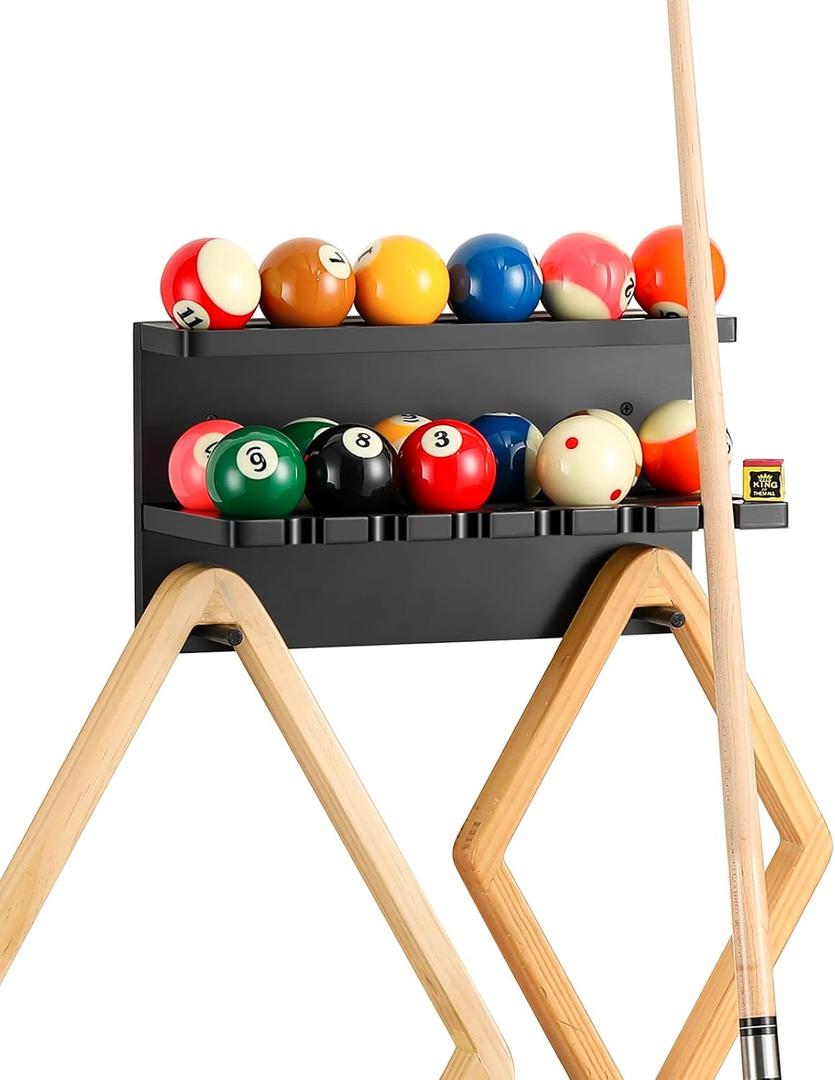 Wall Mount Billiard Balls Rack- Hardwood Billiard Balls Holder & 6 Pool Stick Holder for Cues Sticks Storage Pool Table Accessories Equipment Organizer (Black)