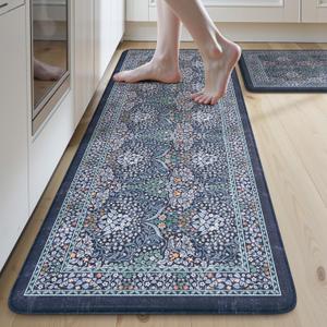 Collive Anti Fatigue Kitchen Mats, Cushioned Kitchen Rugs Set of 2 Waterproof Non Slip Desk Mat, Comfort Standing Rug Dark Blue Floral Carpet for Office, Sink, Laundry, 17.3"x29"+17.3"x47"