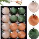 TonJin Christmas Tree Ornaments Velvet Balls 12 Pack, 3.15"/80mm Glitter Shatterproof Hanging Flocked Large Xmas Bulbs Decorations, Lightweight,Green Burnt Orange Neutral Holiday Party Home Decor