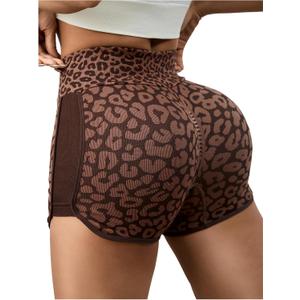 SHENHE Women's Leopard Workout Shorts High Waisted Tummy Control Gym Booty Shorts Coffee Brown Medium (Brown, M)