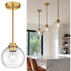 Pendant Lights Kitchen Island, 7" Modern Brushed Gold Hanging Lights Fixtures with Clear Seeded Glass Globe Shade, Kitchen Island Lighting for Bathroom, AD-22280-1P-GD-S