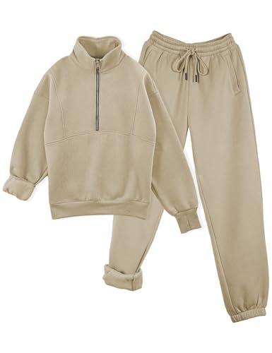 TAQCUX Womens Sweatsuits Fleece Lined Jogging Sweatpants and Half Zip Sweatshirts 2 Piece Matching Sweat Sets(Khaki01-Large)