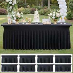 6 pk Black Spandex Tablecloth 8ft with Ruffled Skirt,Wrinkle Free High Stretch Fitted Tablecloths for 8 Foot Rectangle Tables,Pleated Elastic Spandex Table Covers 6ft for Parties Wedding Banquet