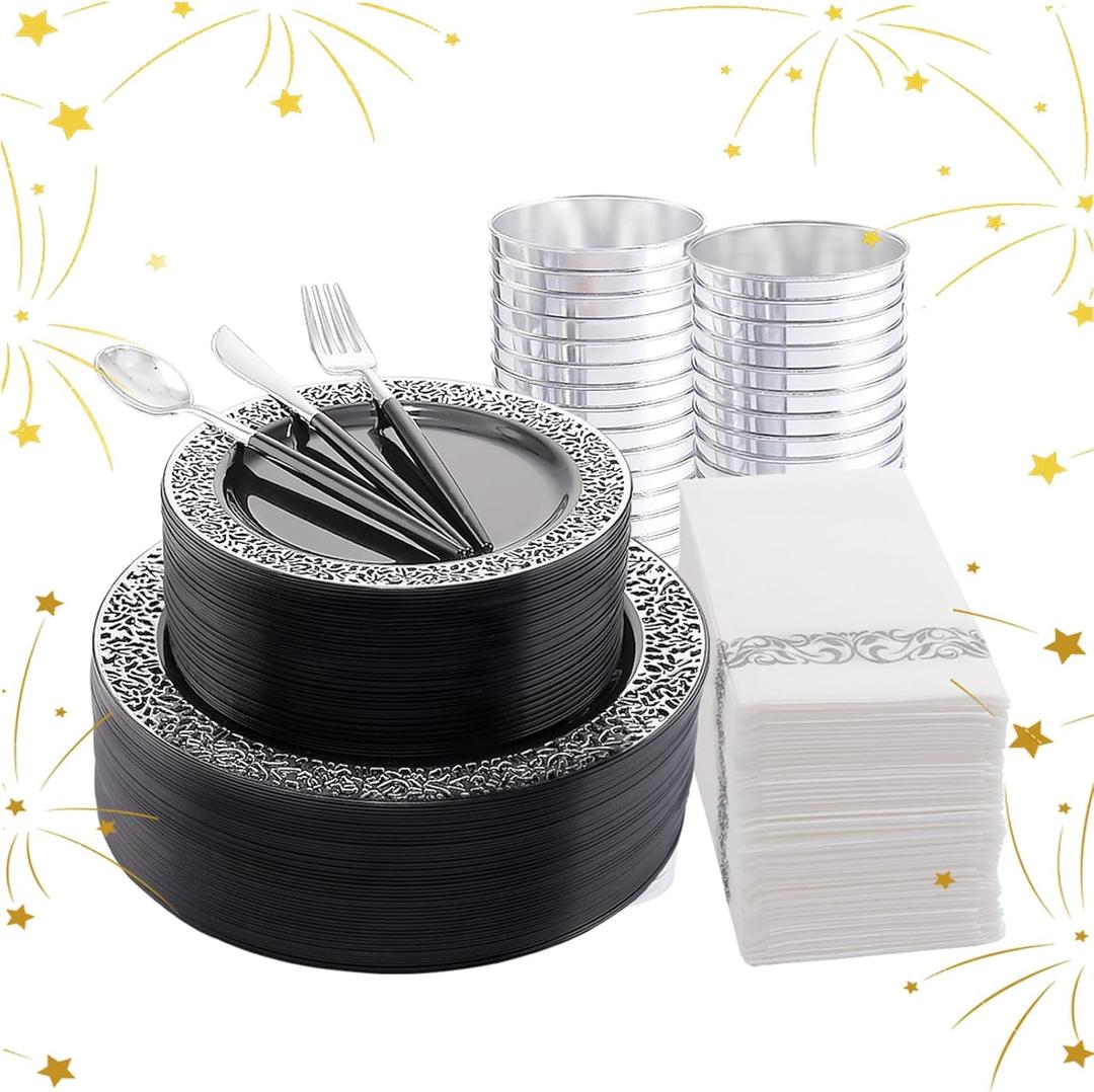 LIYH 350 Pcs Black and Silver Plastic Plates, Silver Plastic Dinnerware Set, Disposable Silverware, Black Plates with Napkins, Halloween Plate Happy New Year Supplies for 50 Guests