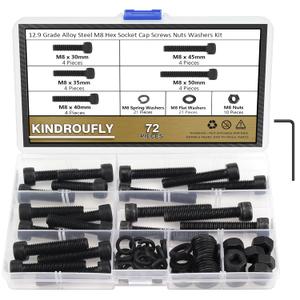 72 Pieces Black M8 x 30/35 /40/45 /50 mm Hex Socket Head Cap Screws Nuts Washers Assortment Kit, 12.9 Grade Alloy Steel