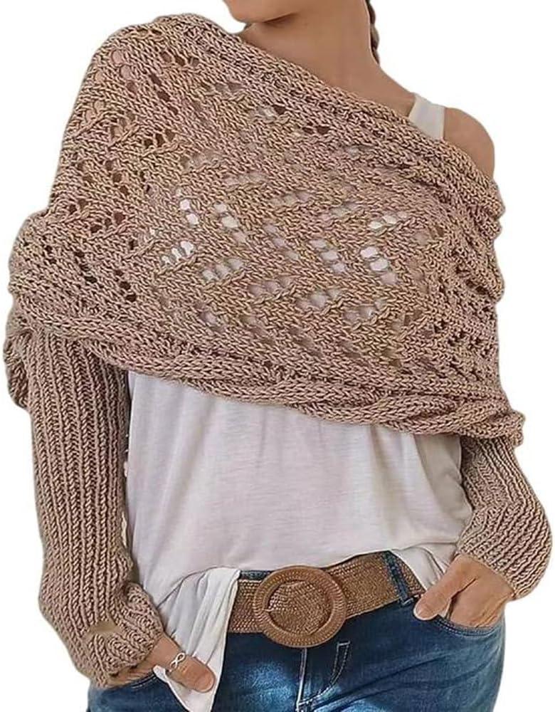 Knitted Cable Wrap Shawl with Sleeves, Multifunctional Scarf