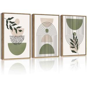 Drsoum Green Botanical Boho Wall Art Framed Modern Sage Bohemian Plant Wall Decor Abstract Geometry Lines Prints Ready to Hang 11x14in Natural Framed