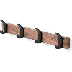 17 Inch Black Walnut Wood Wall Mounted Coat Rack with 4 Black L Hooks, Adhesive Mounted Entryway Hooks, Modern Natural Wooden Pegs for Hanging Coat Clothes Hat Bag Purse Key and Towel