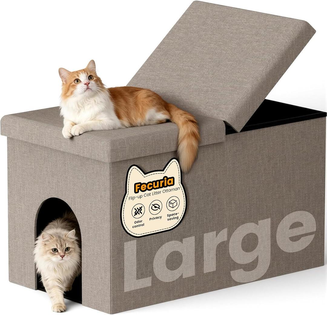 3-in-1 Cat Litter Box Enclosure with Odor Control, Multi-Functional Hidden Litter Box Furniture Bench, Dog Proof, Space-Saving Ottoman Cabinet with Flip-Up Lid, Storage Footrest, Light Grey