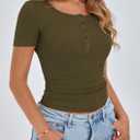 PRETTYGARDEN Womens 2026 Summer Short Sleeve Tops Ribbed Henley Button Slim Fit Basic Casual T Shirts Blouse Fashion Clothing (Large, Army Green)