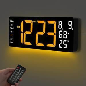 17.5 Digital Wall Clock, LED Display with Time, Date, Month, Temperature & Humidity, Remote Control DST, Alarm, Timer, 10-Level Brightness, Night Light for Home, Living Room, Bedroom & Office Dcor (Orange)