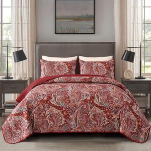 DJY Red Paisley Quilt Set Full Size Boho Quilt Bedspread Set 3 Pieces, Soft Lightweight Microfiber Coverlet Set Paisley Floral Pattern Bedding for All Season, 90''x80''