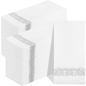 200 PCS Silver Napkins Disposable Hand Towels, Soft and Absorbent Linen Feel Dinner Napkins, White and Silver Paper Napkins, Elegant Decorative Paper Guest Towels for Bathroom Kitchen Wedding Party