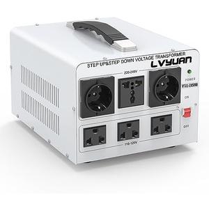 LVYUAN Heavy Duty 5000W Watt Voltage Transformer Converter Step Up/Down Converter 110/120 Volt - 220/240 Volt with 3 US,2 European,1 Universal Outlets and CE Certified,Circuit Break Protection
