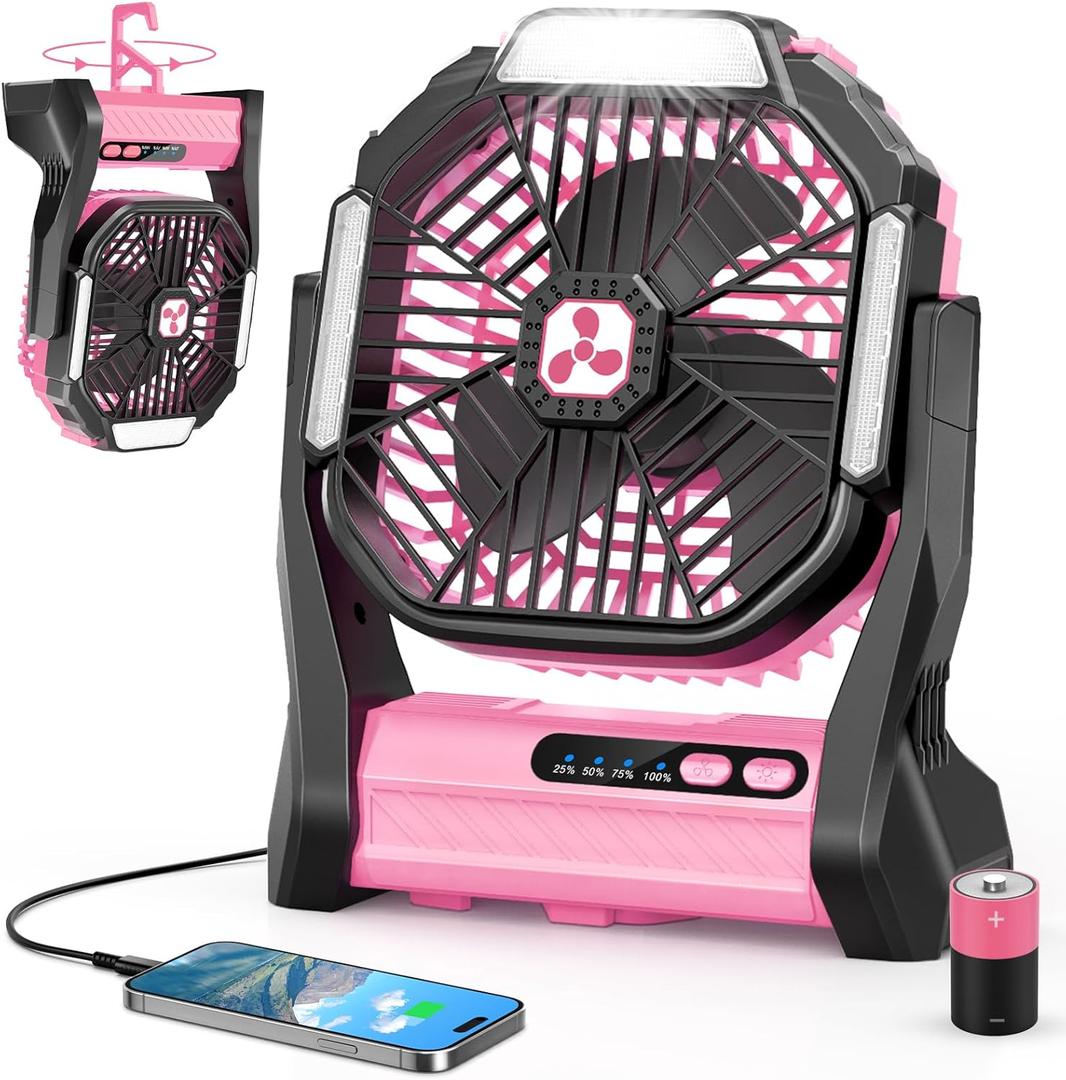Portable Rechargeable Fan, 20000mAh Cordless Battery Powered Camping Tent Fans with SOS & LED Lantern, Small USB C Operated Outdoor Ventiladores for Travel Camp Fishing Office Home Essentials (Pink) (Large)