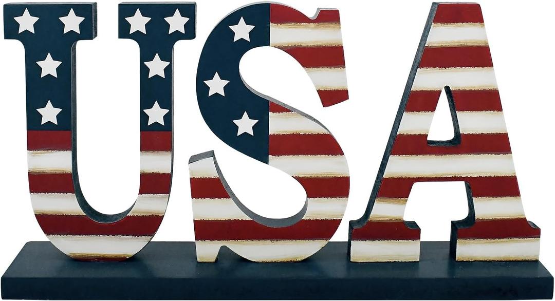 Veclotch 4th of July Wood USA Letter Sign Patriotic Table Decor, US Flag Cutout Block Letter Table Sign Freestanding Word Veterans Day Labor Day Memorial Day Red White Blue Decor