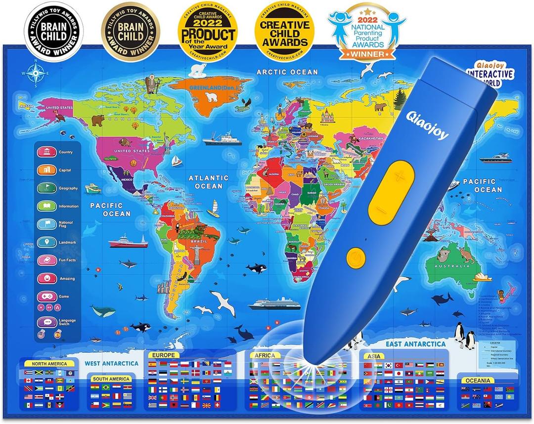 Qiaojoy Bilingual Interactive World Map for Kids Learning and Educational Toys, Talking Electronic Kids World Map i-Poster Geography Games Ages 3 to 12 Years Old, Custom Talking Birthday Gifts Card