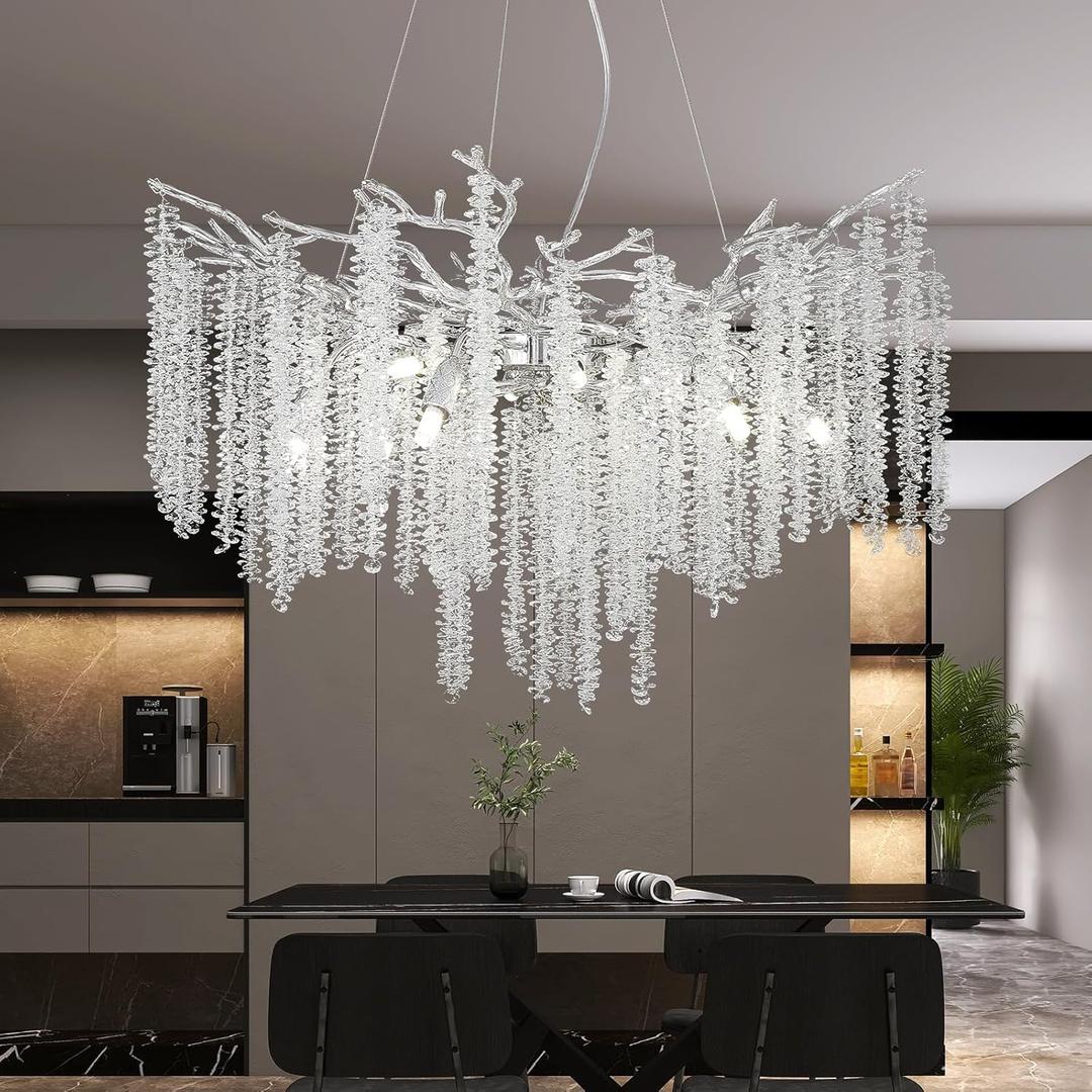 Modern K9 Crystal Tree Branches Chandelier, 31.5in Silver 10 Lights Large Ceiling Hanging Light for Dining Room, Round Tassel Ceiling Hanging