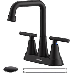 Matte Black Bathroom Sink Faucet, Hurran 4 inch Bathroom Faucets for Sink 3 Hole with Pop-up Drain and Supply Lines, Stainless Steel 2-Handle Centerset Faucet for Vanity RV Restroom