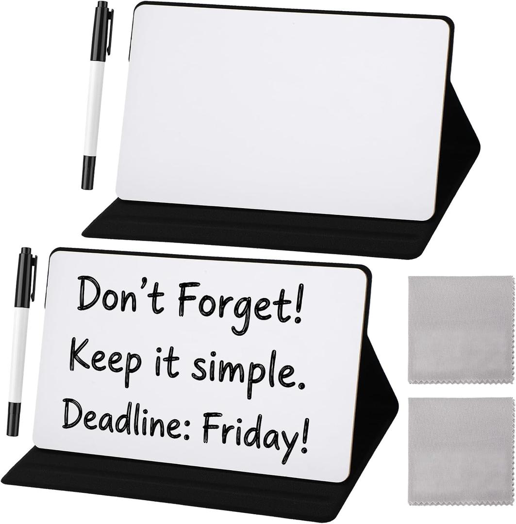 Dunzoom 2 Pcs Portable Small White Board Reusable Dry Erase Board with Stand 9 x 6 Inch Desktop Whiteboard with Markers Wipe Cloths for Office Meeting Home (Black)