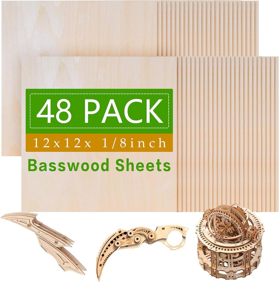 48 Pack Basswood Sheets,12 x 12 x 1/8 Inch,3mm Basswood Plywood Sheets with Smooth Surfaces, Unfinished Wood for Laser Cutting, Wood Burning,Drawing, Architectural Models and DIY Wood Crafts